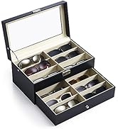 CO-Z Black PU Leather Sunglasses Organizer with 12 Slots, 2 Story, Lockable &amp; Dustproof, Transpar...