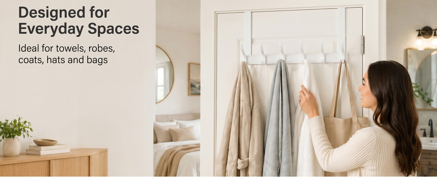 Over the door hook rack for hanging towels, coats, hats and bags in bedroom and bathroom
