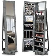 CHARMAID 360° Swivel Jewelry Armoire with Full Length Mirror, Standing Lockable Jewelry Cabinet O...