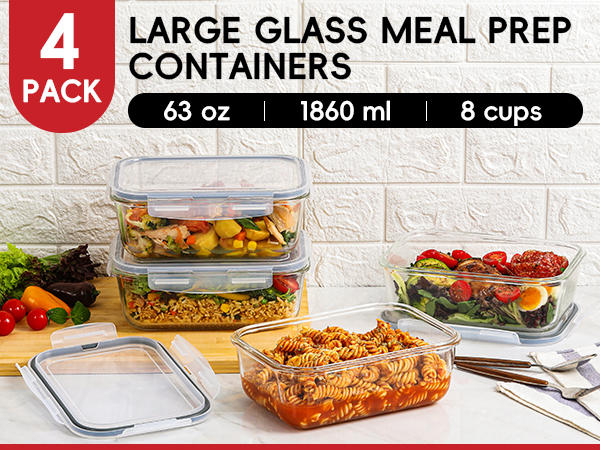 4 pack large glass storage containers with lids