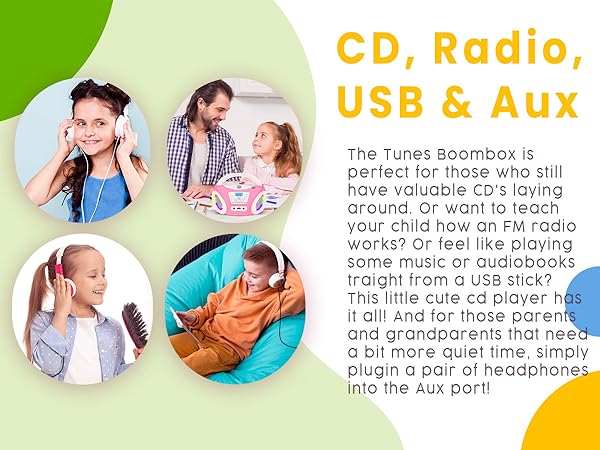 Text reads 'CD, Radio, USB &amp; Aux'. Promotional image showing lifestyle scenes with text about music player features for children.