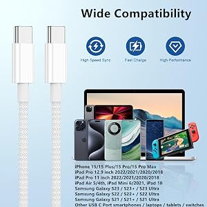 USB-C cable with wide device compatibility. Features high-speed sync, fast charge, and high performance. Compatible with various smartphones, tablets, and gaming devices.