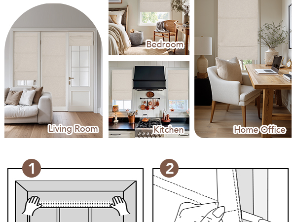 No Drill French Door Curtain Adhesive Top Cordless Roman Shade for Kitchen Living Room Privacy