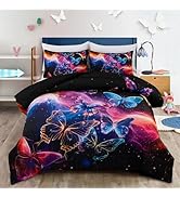 Btargot 3 Piece Butterfly Pattern Girls Comforter Set, Colorful Gradient Glitter Rainbow Galaxy B...