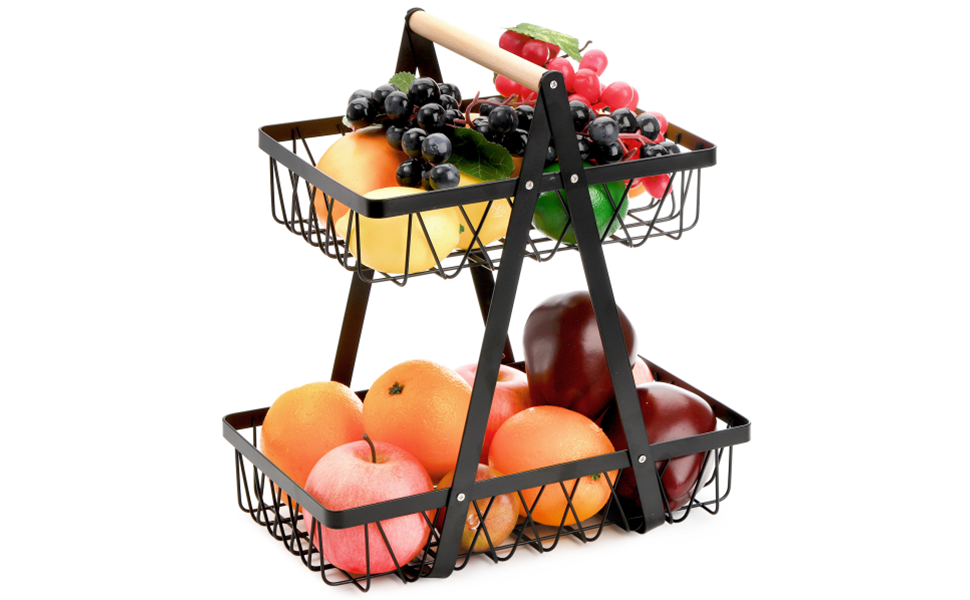 Dicunoy Fruit Basket, 2 Tire Fruit Bowl for Kitchen, Farmhouse Veggie Bowl with Holder