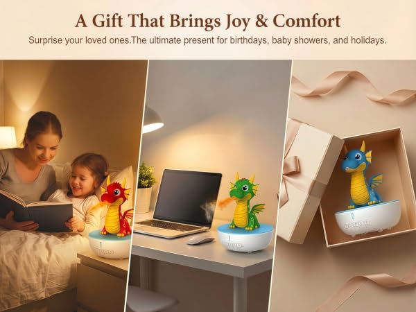 Text reads 'A Gift That Brings Joy &amp; Comfort', 'Surprise a loved one the ultimate present for birthdays, cozy movies, and holidays.' Three lifestyle panels showing humidifier use: bedtime comfort, desk ambiance, and gift presentation scenarios.