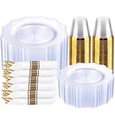 COLOSUS 350pcs Clear Plastic Plates Disposable Gold Cutlery Dinnerware set for party: 50 Dinner P...