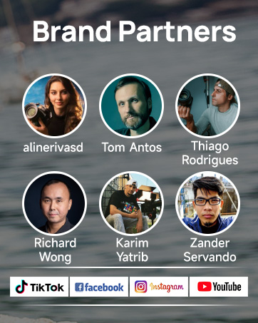 Brand partners grid showing six circular profile images. Social media platform icons displayed at bottom.