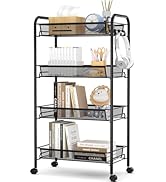 TOOLF 4-Tier Rolling Cart, Metal Utility Cart with 3 Hooks, Easy Assemble Mobile Storage Trolley ...