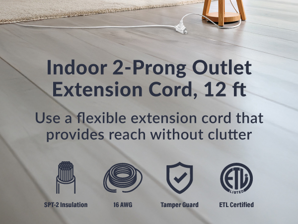 Indoor 2 Prong Outlet Extension Cord 12ft