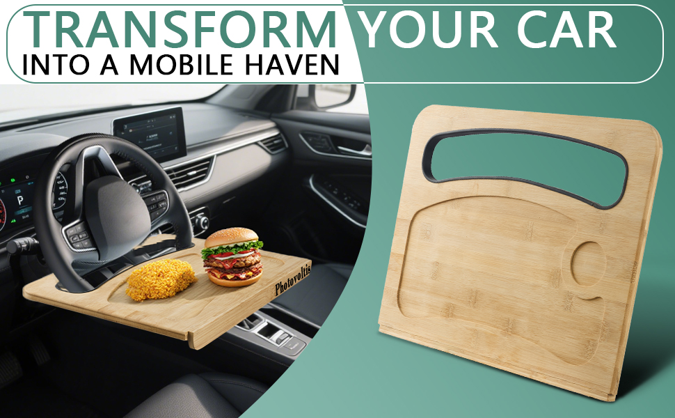 Bamboo Car Steering Wheel Tray - Double Sided Food Table &amp;amp; Laptop Desk for Working