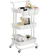 danpinera 3 Tier Rolling Utility Cart with Lockable Wheels &amp; Hanging Cups &amp; Hooks Storage Organiz...
