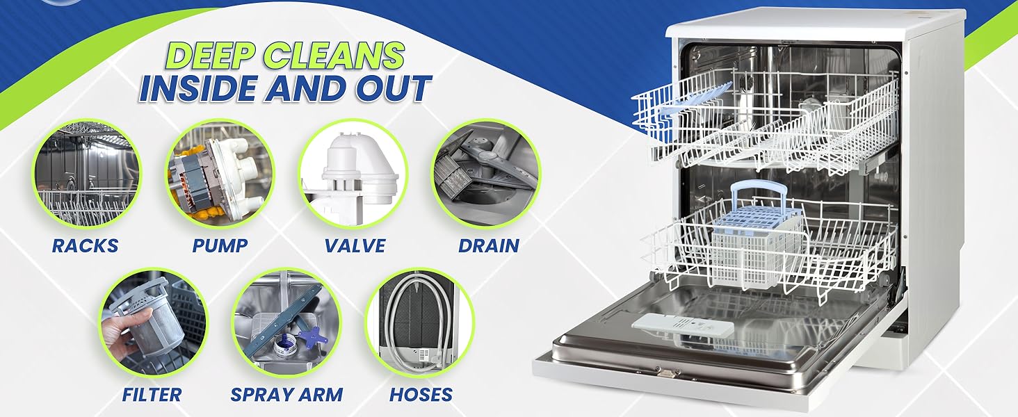 deep cleans the racks, pump, valve, filter, spray arm, hoses, and drain