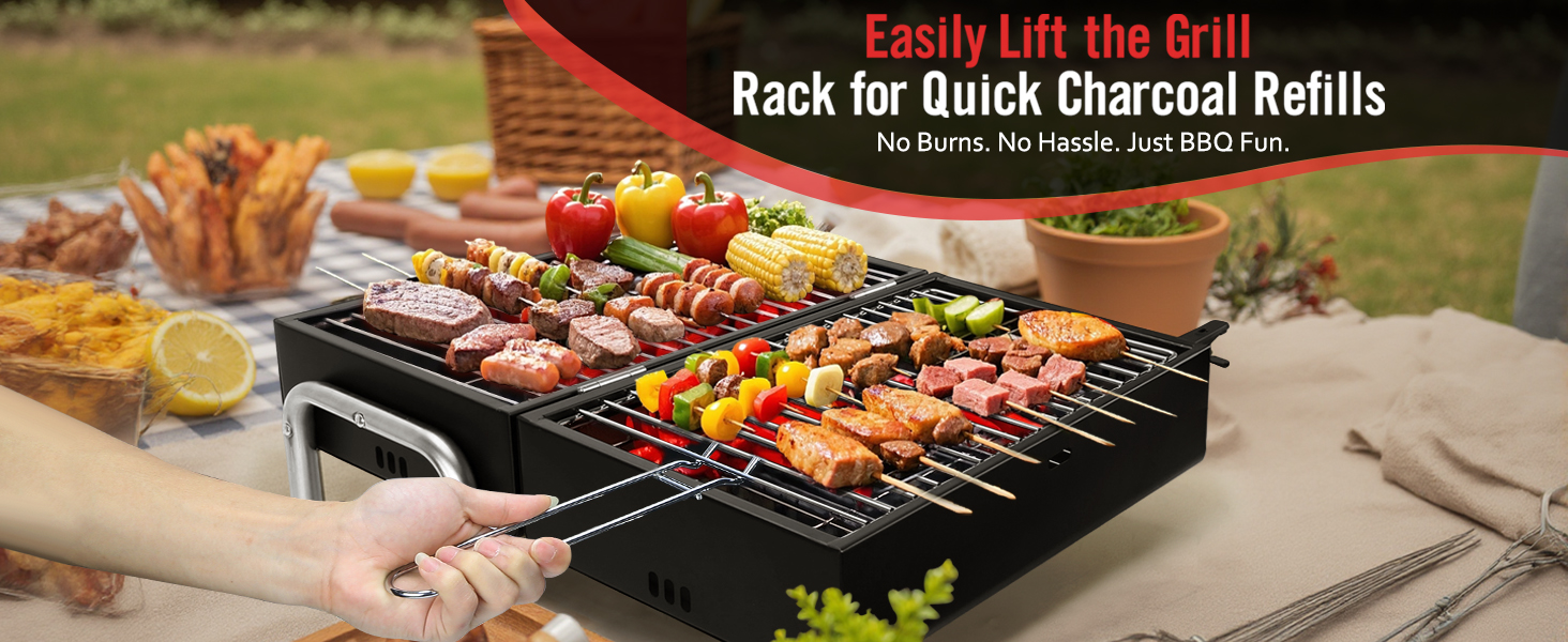 Portable grill rack filled with assorted skewers of meat and vegetables being cooked over charcoal, with 'Easily Lift the Grill' text.
