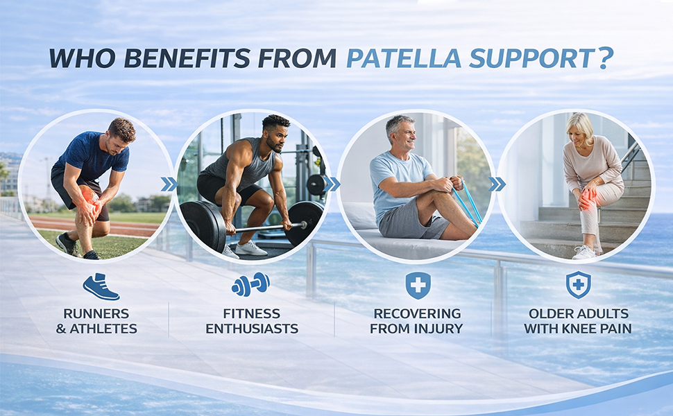 Patella support for runners, athletes, fitness users, injury recovery, and older adults