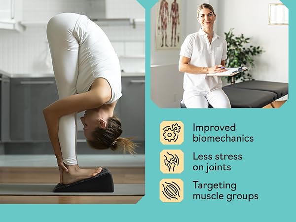 Woman stretching on slant board calf stretcher, squat wedge block for joints and muscle support