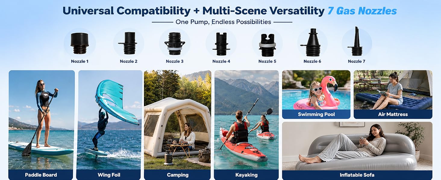 Seven pump nozzles displayed with paddle board,camping, kayaking and air mattress.