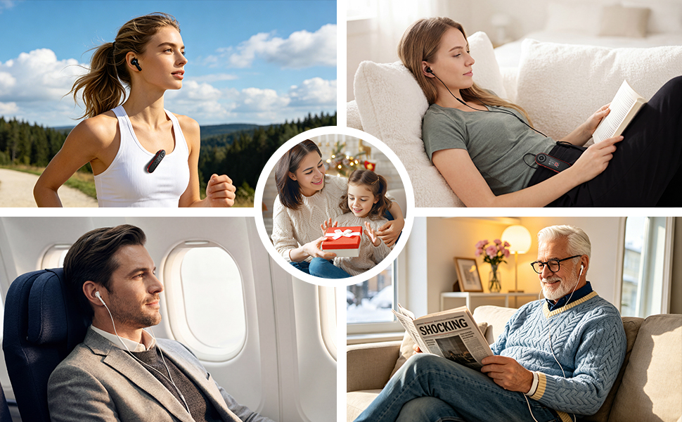 Four lifestyle photos: woman jogging outdoors, person eating, circular detail of food/drink, man reading in airplane, and two men conversing in home setting. No visible text.
