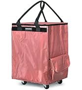 CIMAZHEN (Medium,Pink) Reusable Grocery Bag on Wheels, Foldable Rolling Tote Bag with 3 Handles a...