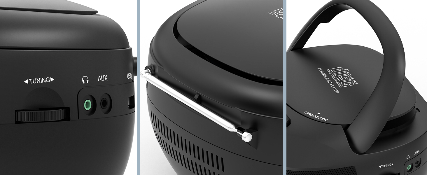 Three close-up views of a black spherical device with buttons, vents, and a handle. Features include power indicator, audio port, and textured surface.