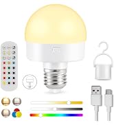Rechargeable Battery Operated Light Bulb with Remote Control, 15 Colors Selectable Detachable LED...
