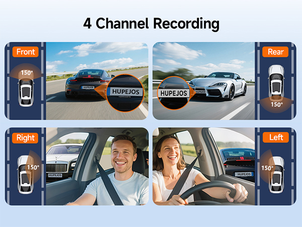 Text reads '4 Channel Recording'. Series of car-related images showing dashboard views and mobile device integration for vehicle recording system.