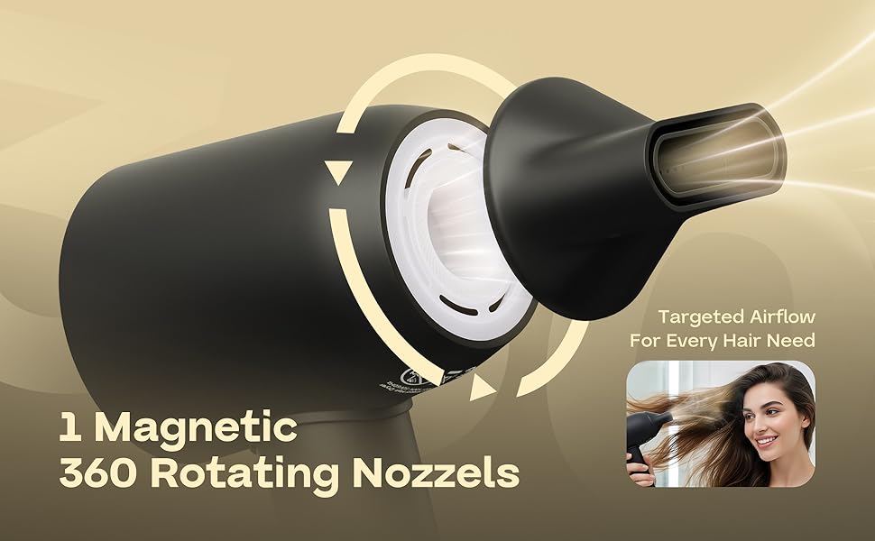 High speed hair dryer with 360-degree rotating magnetic nozzle for targeted airflow