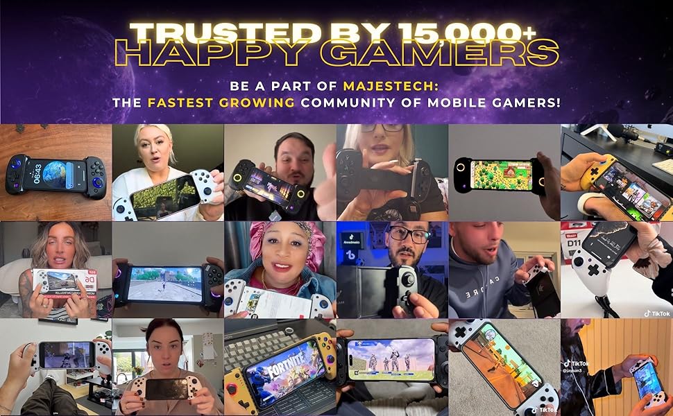 Text reads 'TRUSTED BY 15,000+ HAPPY GAMERS' and 'BE A PART OF MAJESTECH! THE FASTEST GROWING COMMUNITY OF MOBILE GAMERS!' Collage of many people playing mobile games on various devices.