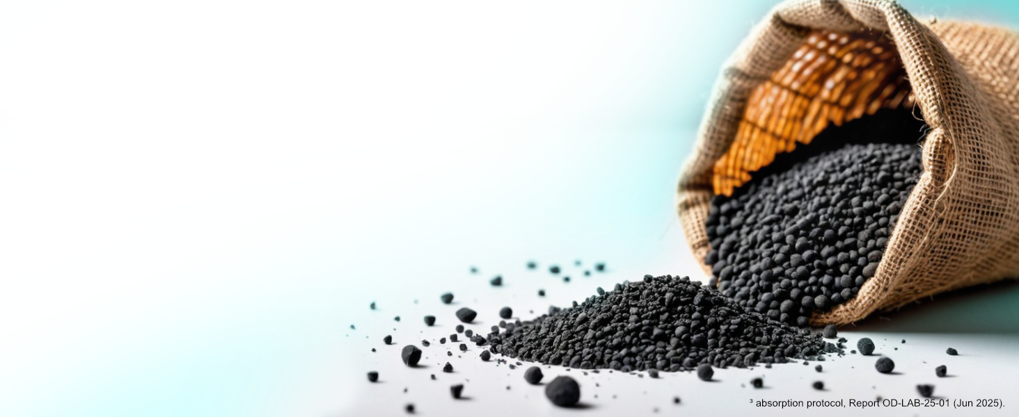 Macro coconut charcoal granules headline Destroys Odors Fast