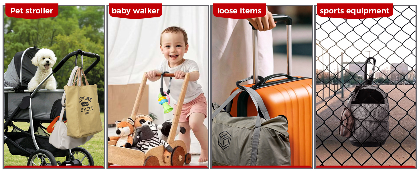 Composite of four product images: pet stroller with white dog, baby using a walker, luggage with loose items, and sports equipment hanging on a chain-link fence.
