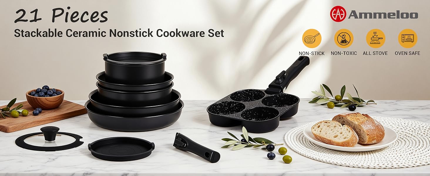 Ammeloo 21-Piece Ceramic Pots and Pans Set Non Stick with Egg Pan