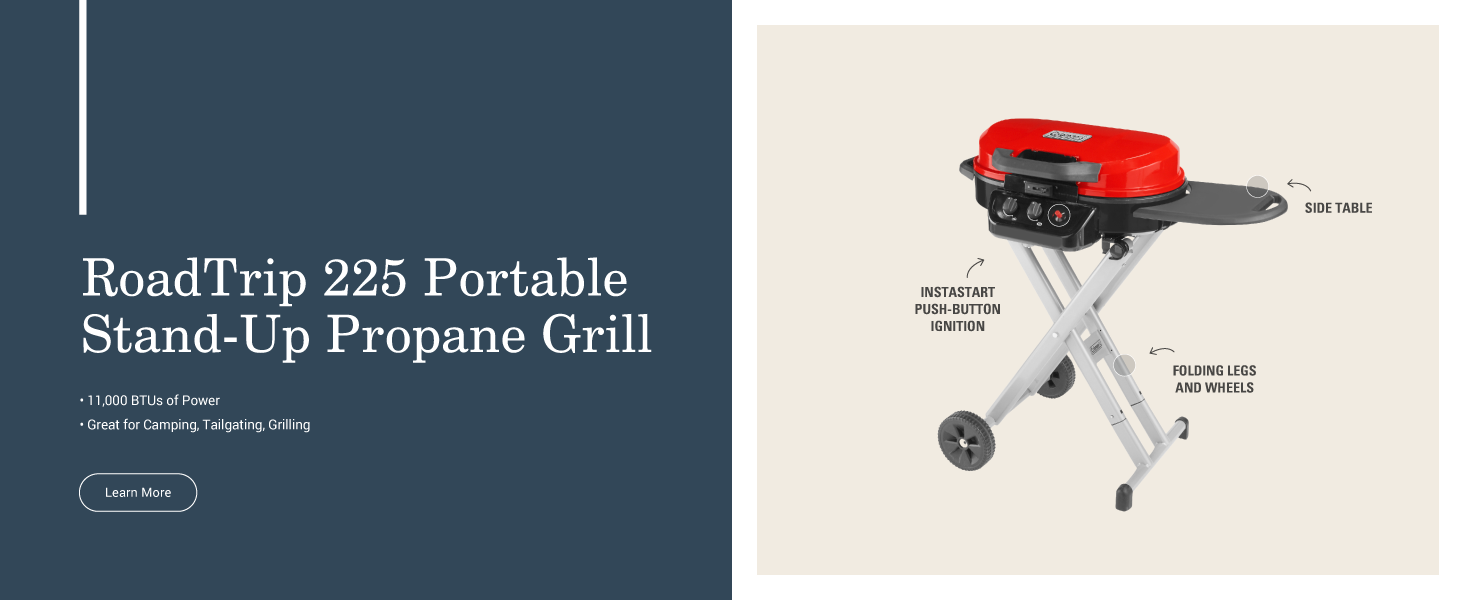 coleman roadtrips 225 portable stand up propane grill red side table ignition legs wheels power camp