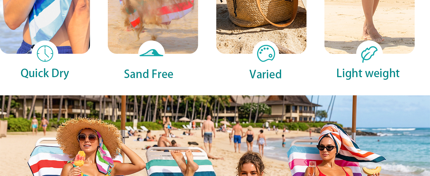 Text reads 'Quick Dry', 'Sand Free', 'Varied', 'Light weight'. Four feature icons displayed above beach scene showing children playing in sand and water with towels.
