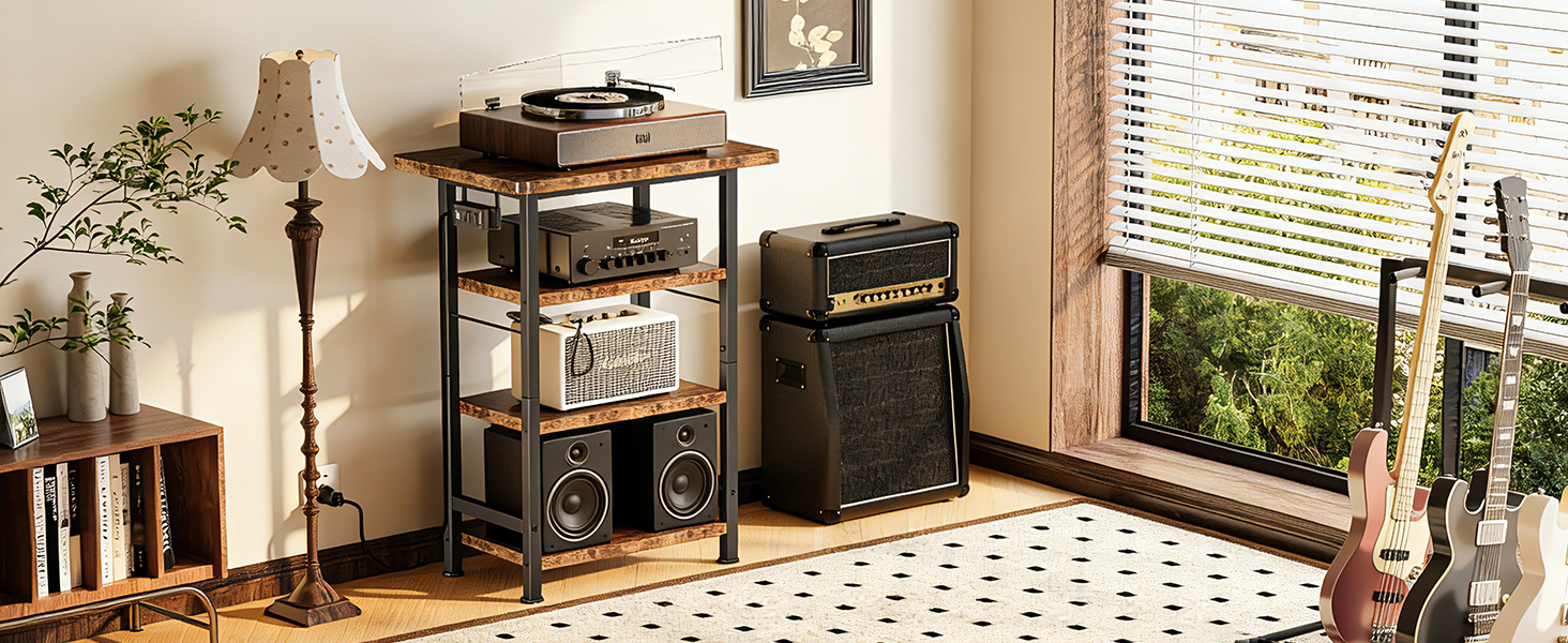 4-Tier AV Media Stand with Power Outlet, Wooden Record Player Stand
