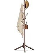 Azaeahom Wooden Coat Rack Stand, Free Standing Coat Rack with 8 Hooks 3 Adjustable Heights for Cl...