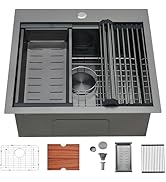 SHACO 21 Inch Black Drop In Kitchen Sink, 21x20 Inch Gunmetal Black Top Mount 16 Gauge Stainless ...