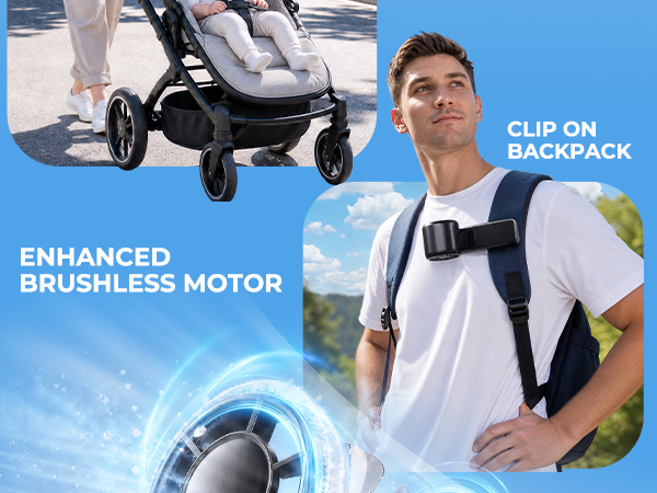 Versatile clip-on fan for backpack straps, desk edge and waist clip cooling.
