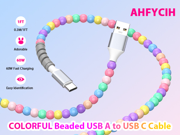 60W Beaded USB A to USB C Carplay Cable 1FT Short for iPhone 17 Pro Max 16 15