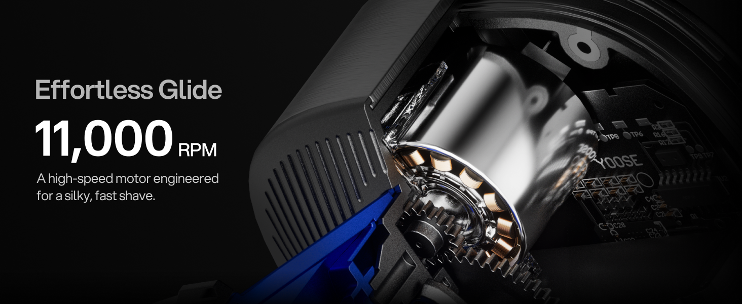 Text reads 'Effortless Glide', '11,000 RPM'. Close-up product shots of a power tool mechanism in black and silver against dark background.