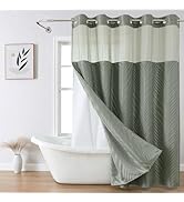 eachope no Hook Shower Curtain and Liner Set,Boho Style with See Through Top Window, SageGreen Fa...