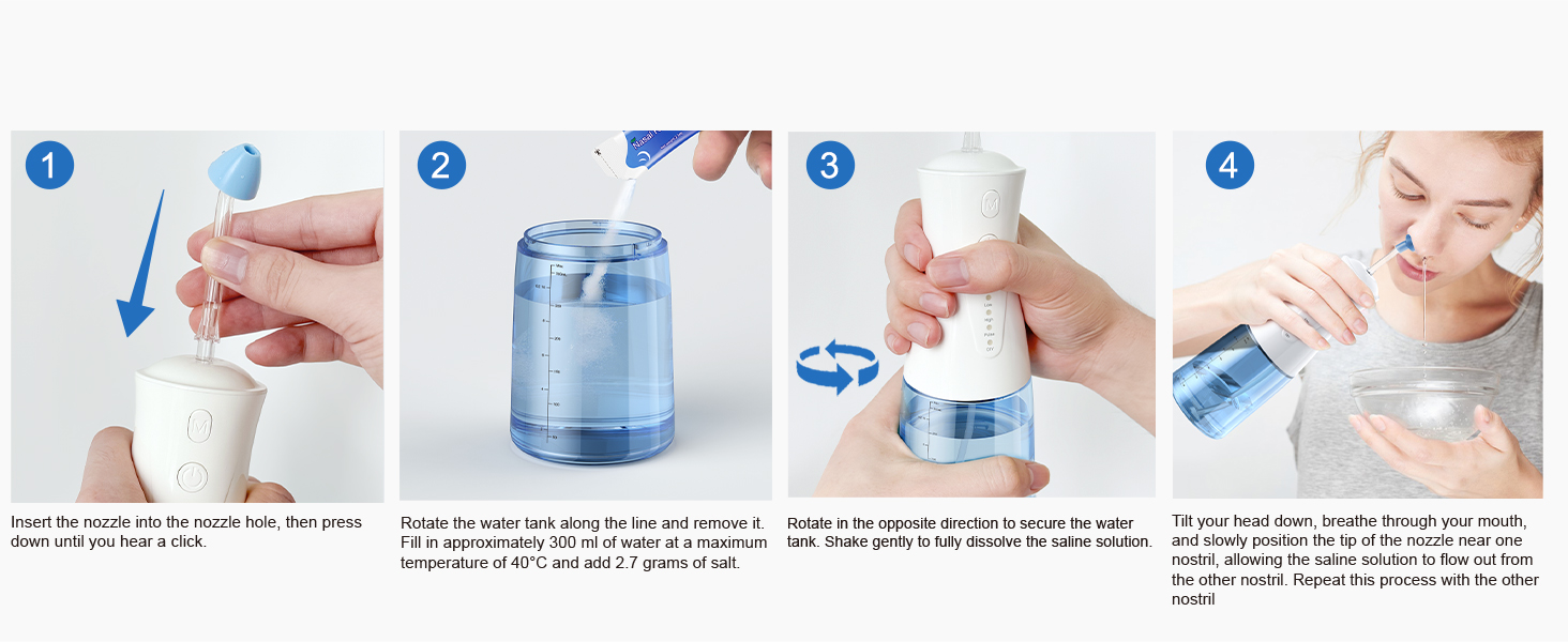 Step-by-step instruction diagram showing four panels demonstrating usage of a product with blue and white components.