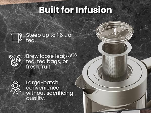 Built-in Removable Stainless Steel Tea Steeping Filter to Brew Tea Leaf, Bags or Fruit Water, Too!
