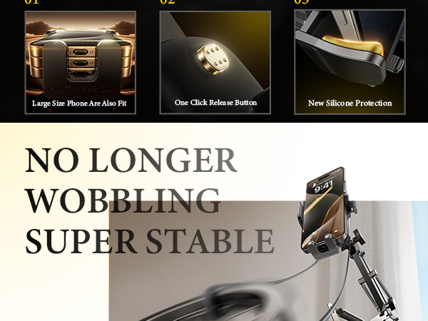 Phone mount device marketing image highlighting stable mounting features with silicone protection and click-release button functionality.