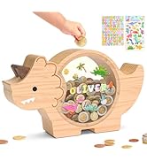 Summidate Wooden Dinosaur Piggy Bank,Cute Money Bank for Kids Boys Girls,Unbreakable Wood Coin Ba...