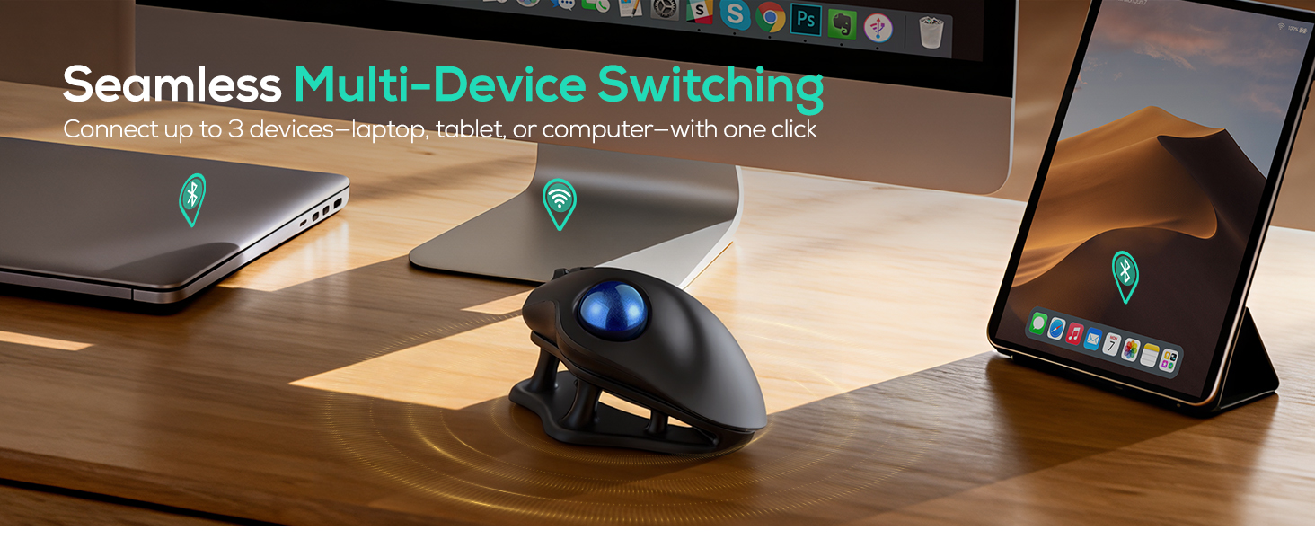 Text reads 'Seamless Multi-Device Switching'. Desktop setup showing ergonomic mouse with blue lighting and mobile device, demonstrating wireless connectivity between devices.