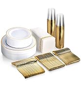 350 Piece MCIRCO Gold Dinnerware Set - 100 Gold Rim Plastic Plates - 50 Gold Plastic Silverware -...