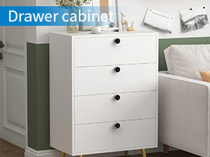 Lockable white 4-drawer cabinet for bedroom storage.