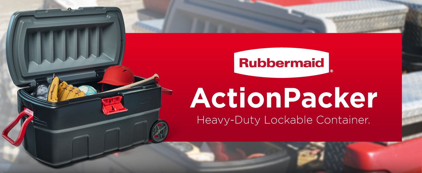 Image of actionpacker storage bin with lid holding sports equipment with text reading rubbermaid.