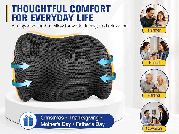 Lumbar support pillow for office chair provides everyday comfort and back support.