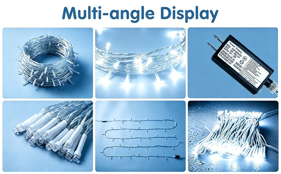 Multi-angle display of cool white LED string lights with power adapter, waterproof outdoor use